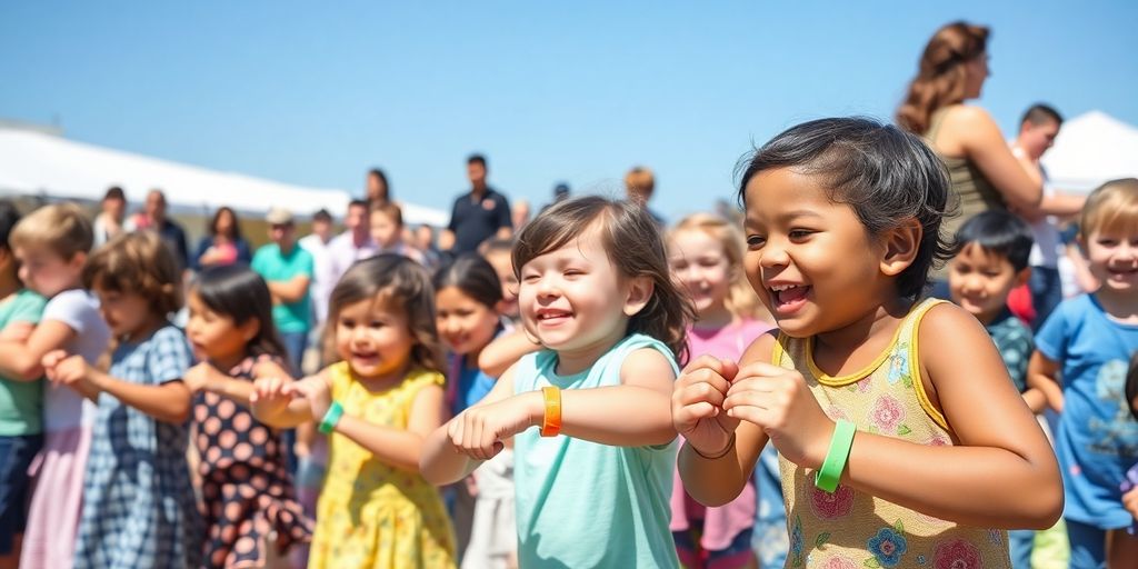 Children playing safely with colorful wristbands.