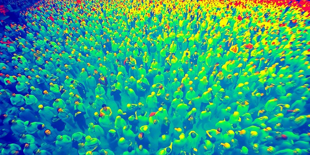 Thermal overlay on crowd, showing warm and cool areas.