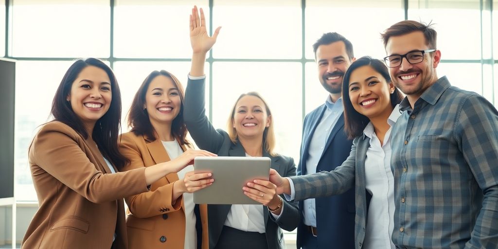 Team celebrates sales success after event.