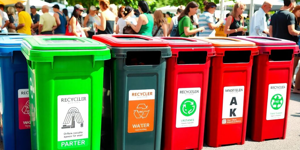 Event waste bins, colorful, with people recycling.