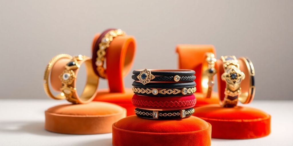 Exclusive bracelets on different velvet pillows.