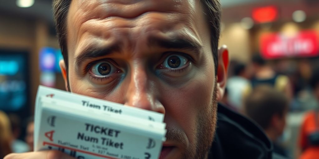 Man looking guilty, surrounded by many tickets.