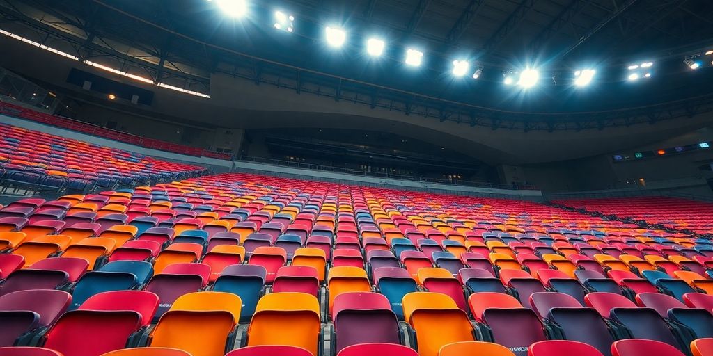 A stadium with empty seats and bright lights.