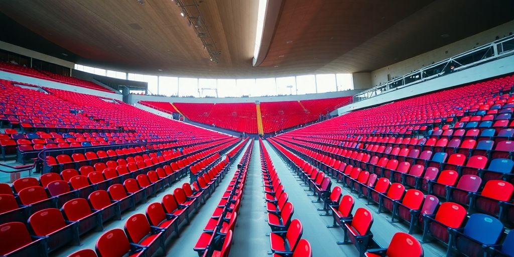 Empty stadium seats, blurred people