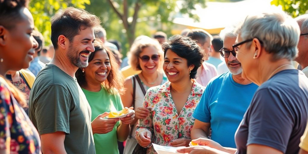Diverse smiling people gather, vibrant community