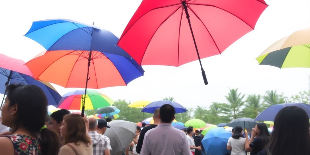 Outdoor event with people under colorful umbrellas.