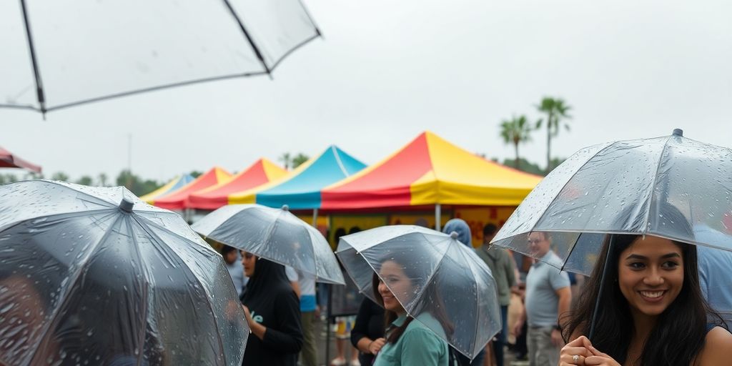 Outdoor event with patrons holding umbrellas.