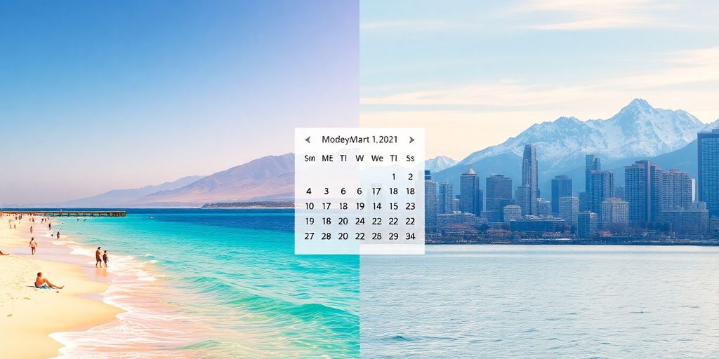 Sun-drenched beach, snow-capped mountains, city skyline, a calendar.