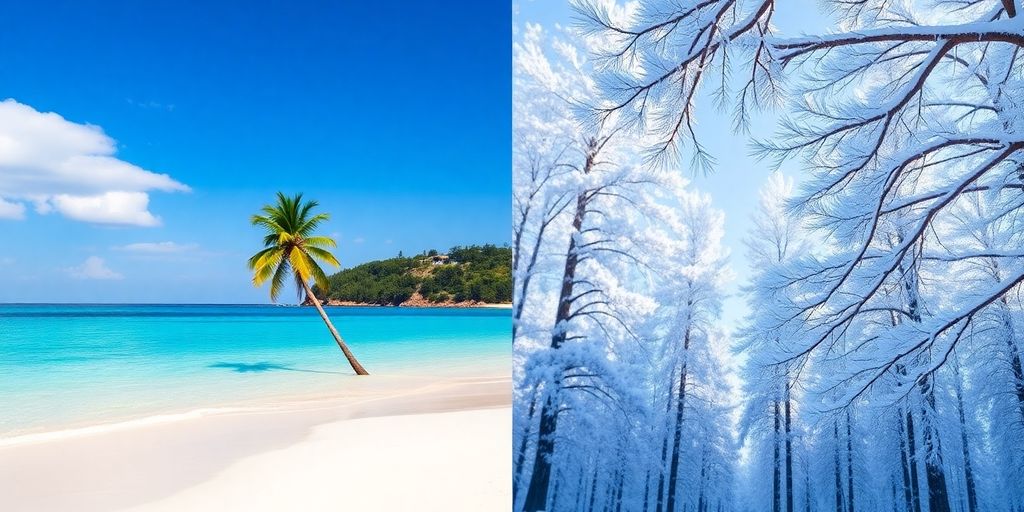 Sunlight on snowy trees, warm sand.