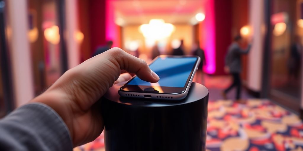 Person tapping phone to pedestal.