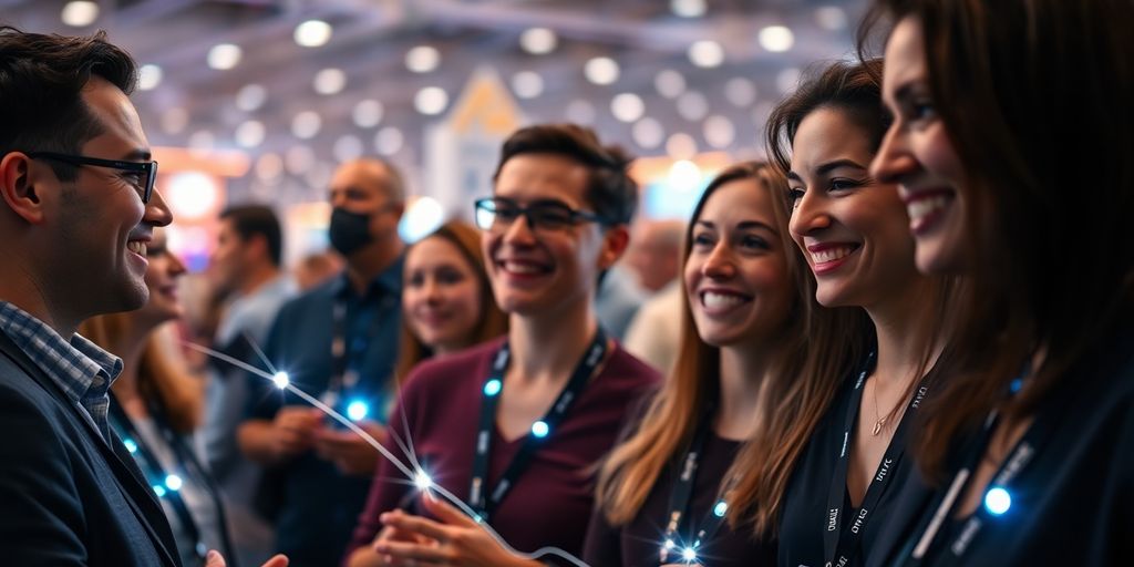 Attendees interacting, glowing smart badges visible, futuristic networking event.