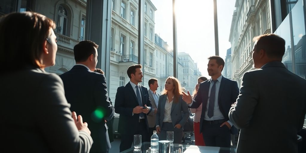 European cityscape, business people, data visuals.