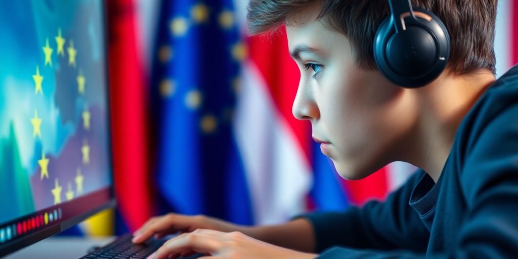 Gamer at desk, European flags
