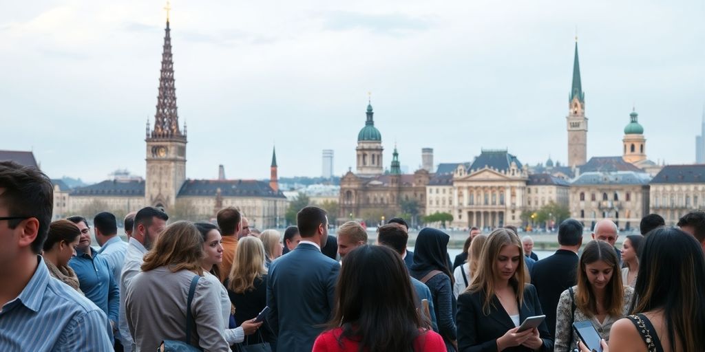 European landmarks, diverse event attendees, integrated tech.