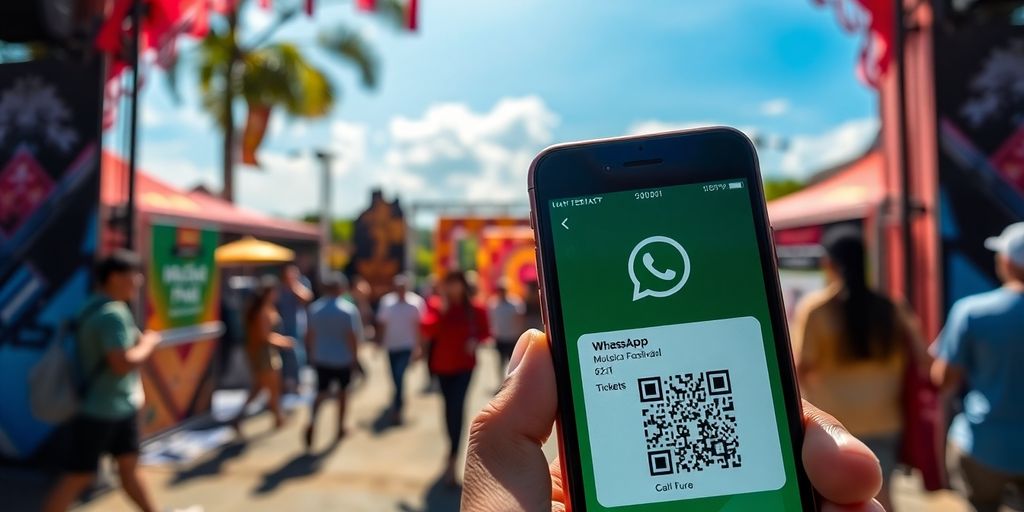 A hand holds a smartphone showing a WhatsApp event ticket.