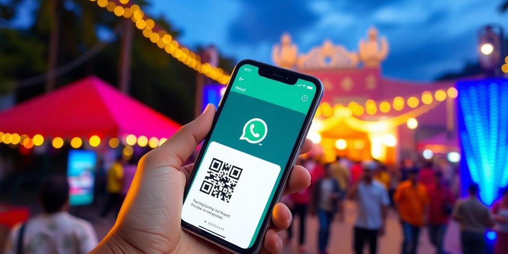 A smartphone screen shows a WhatsApp event ticket with a QR code.