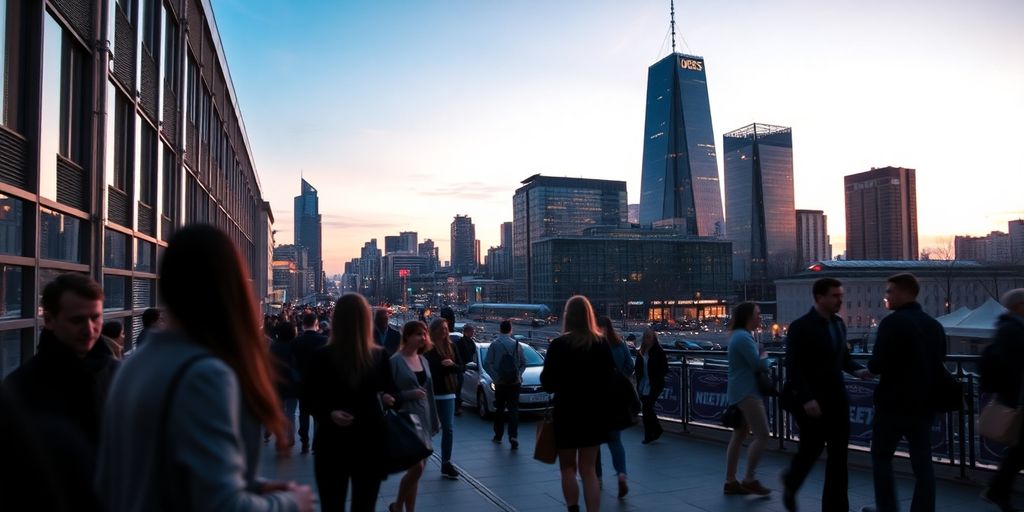 European skyline, digital overlays, diverse event attendees