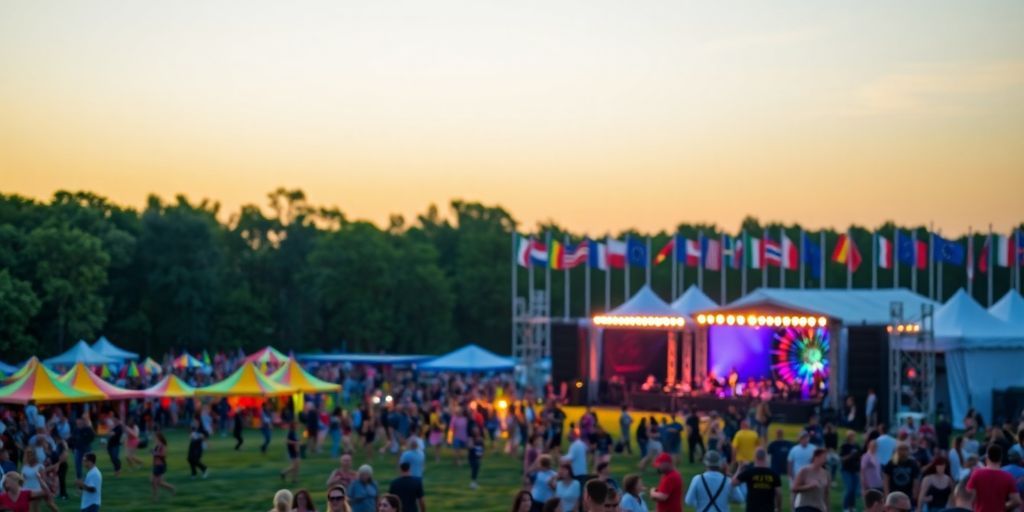 European Union flags with festival tents.
