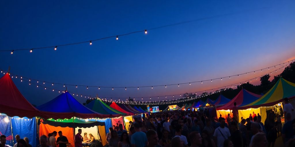 Diverse crowd, vibrant lights, festival tents, clear sky.
