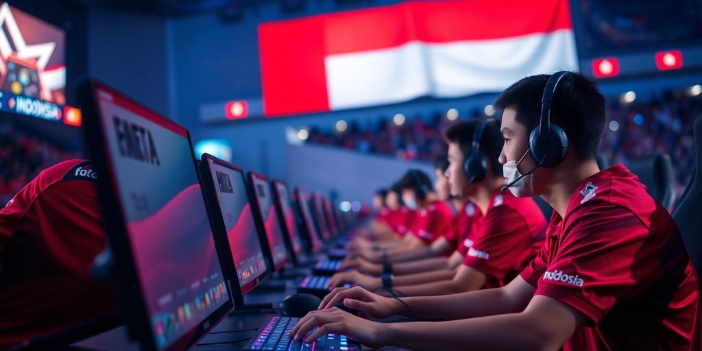 Esports players, Indonesian flag, gaming stadium.