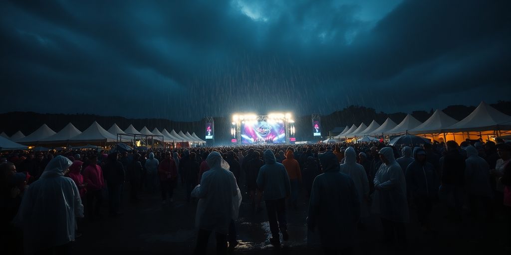 Rain-soaked festival crowd, muddy field.