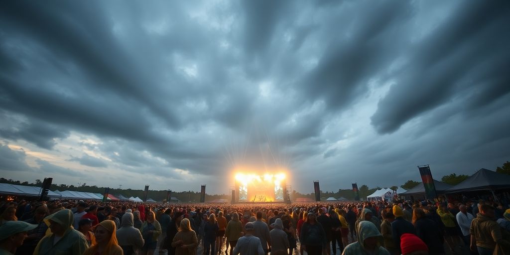 Rainy festivalgoers dancing under stormy skies.