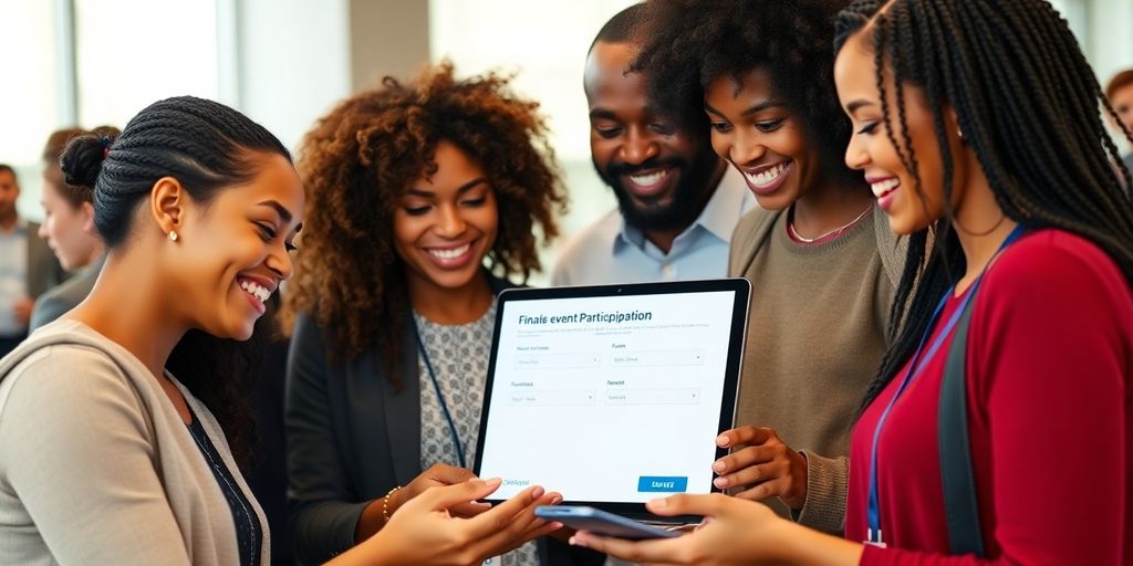 People happily completing event registration on a digital device.