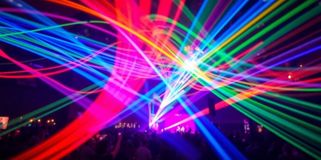 Abstract data streams flowing into a vibrant event.