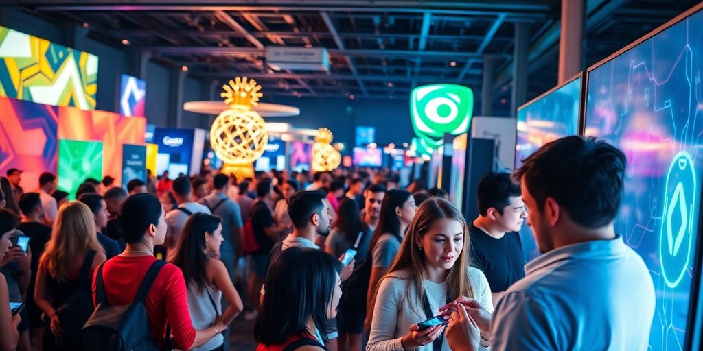 Diverse crowd interacting with dynamic event technology.