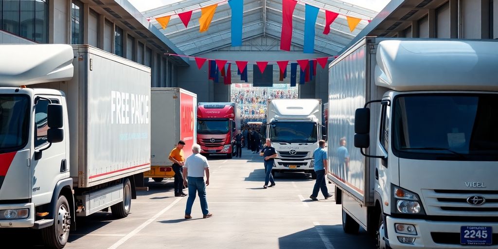 Event staff directing vendor trucks arriving at a venue.