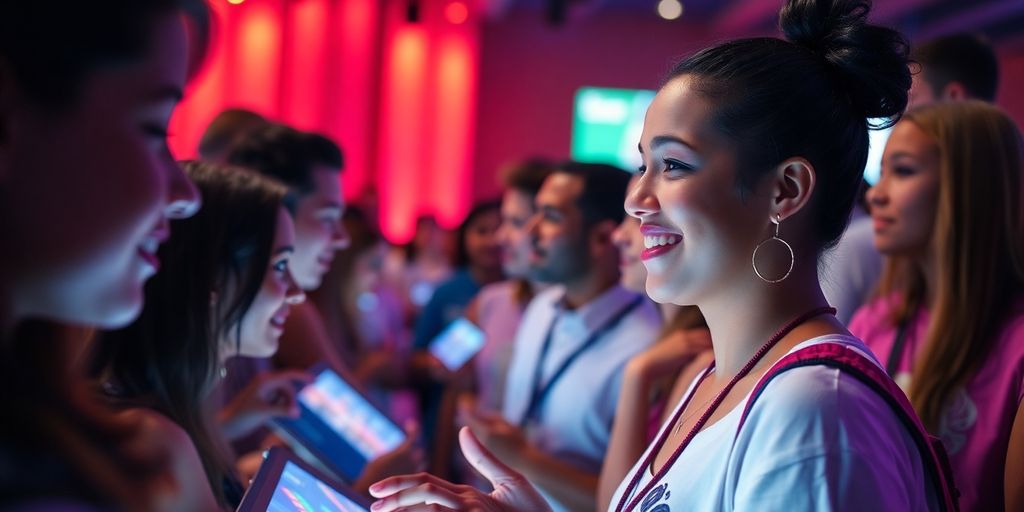 Event attendees interacting with personalized digital displays.