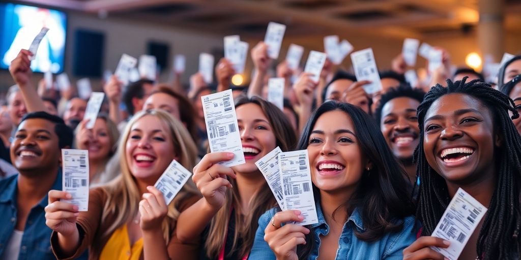 People excitedly holding tickets.