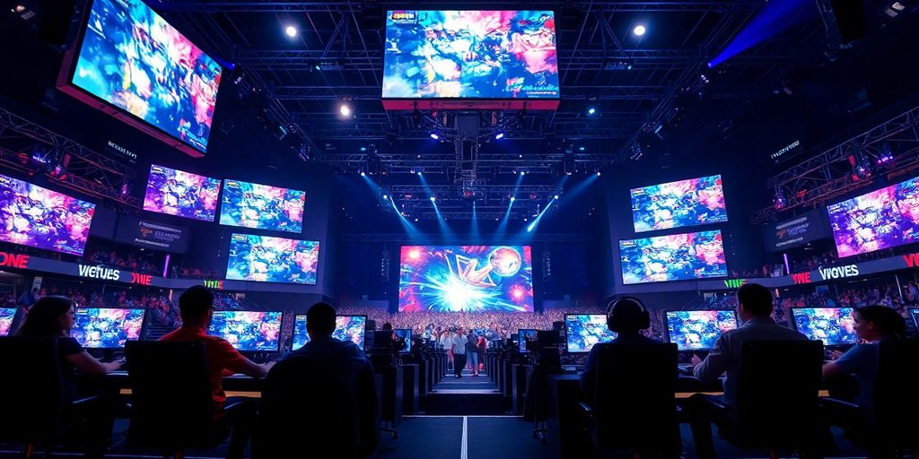 Gamers at computers on an illuminated stage with large video screens.