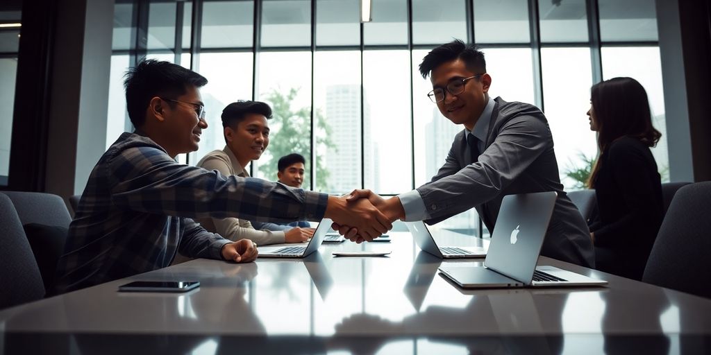 A business handshake in a Jakarta office during tournament planning.