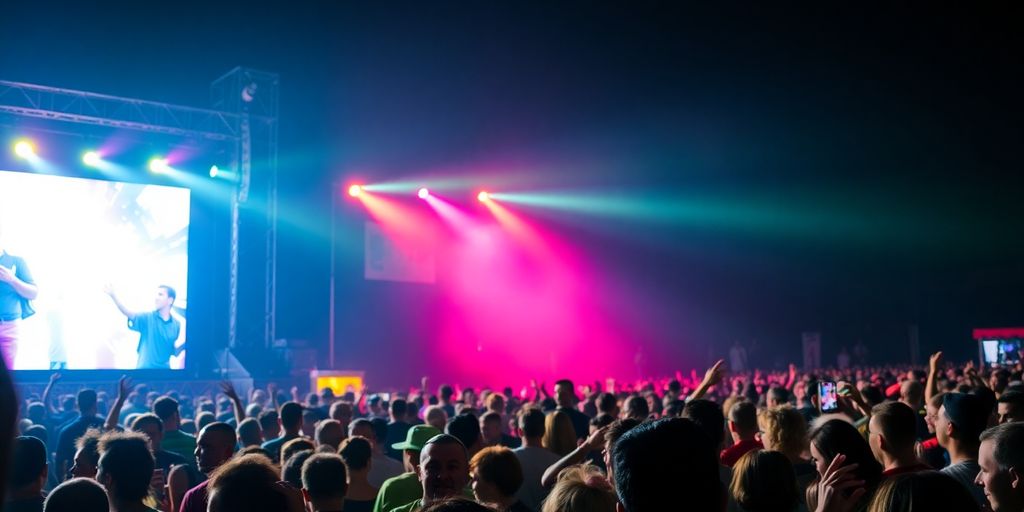 Festival crowd with colorful lights during a performance.
