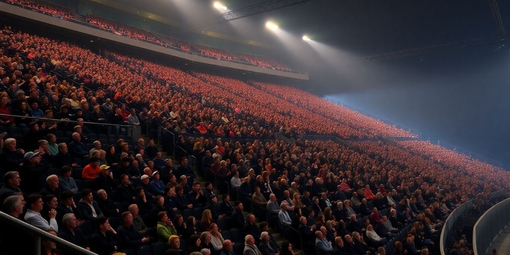 Filled stadium seats with bright spotlights.