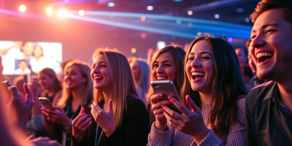 Event attendees smiling with phones displaying positive reviews.