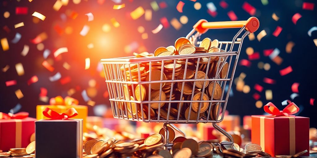 A shopping cart with falling coins and a gift.