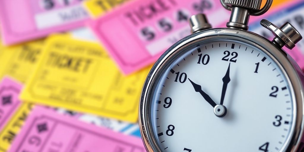 A ticking clock face with event tickets spilling out.