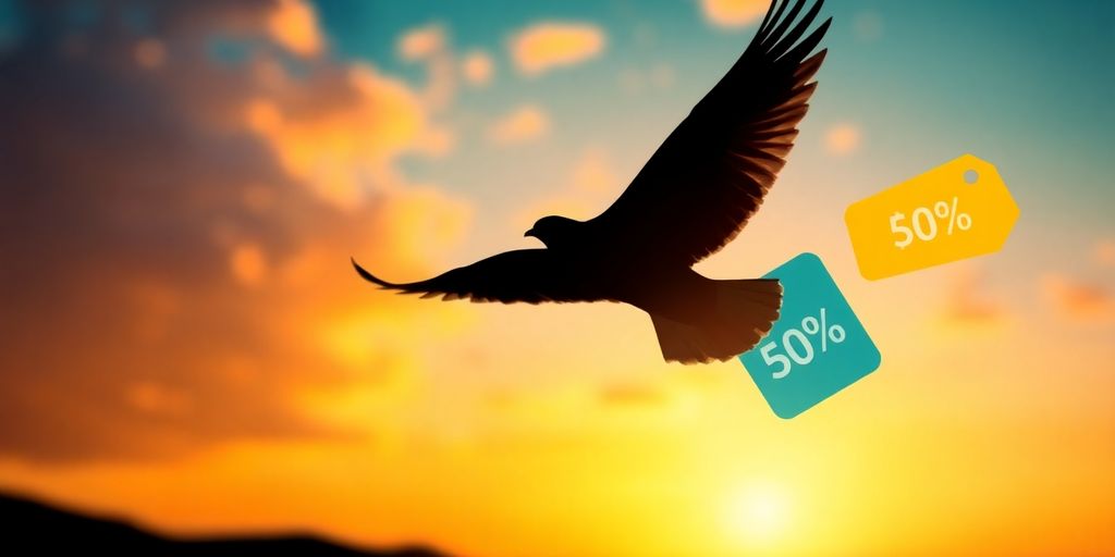 Bird flying towards a rising sun with discount tags.
