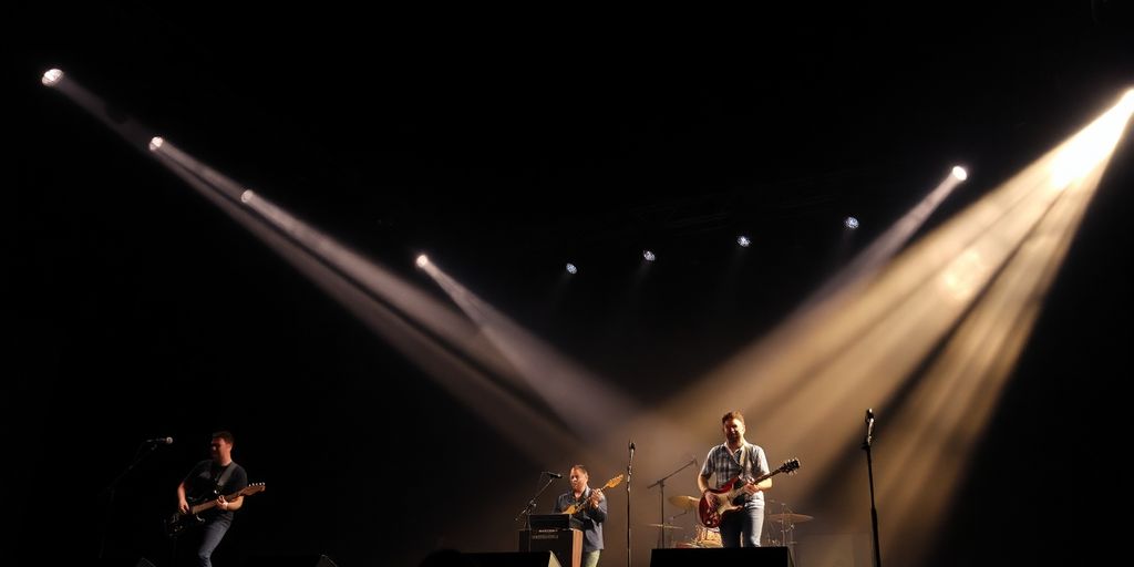 Musicians performing on a brightly lit stage.
