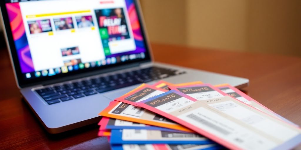 Concert tickets with a laptop displaying a ticketing website.