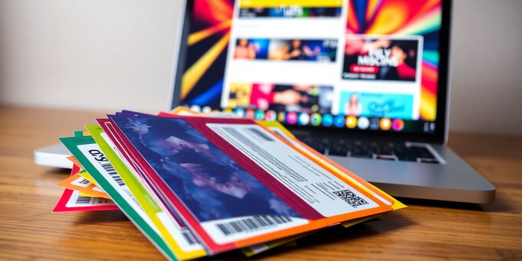 Concert tickets and a laptop with a ticketing website.