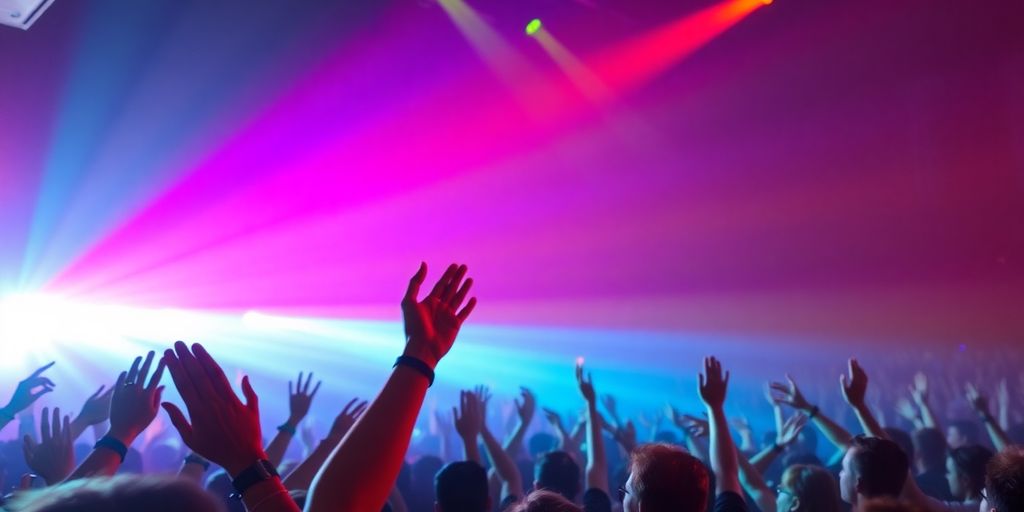Concert crowd illuminated by bright stage lights.