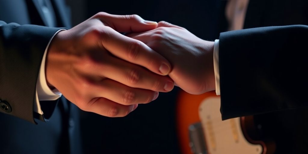 Musicians shaking hands over a contract.