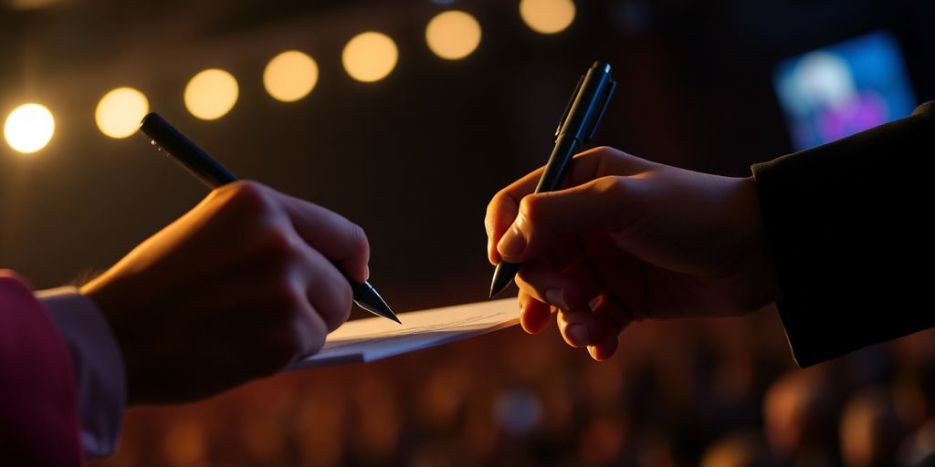 Musicians signing contract with venue owner.