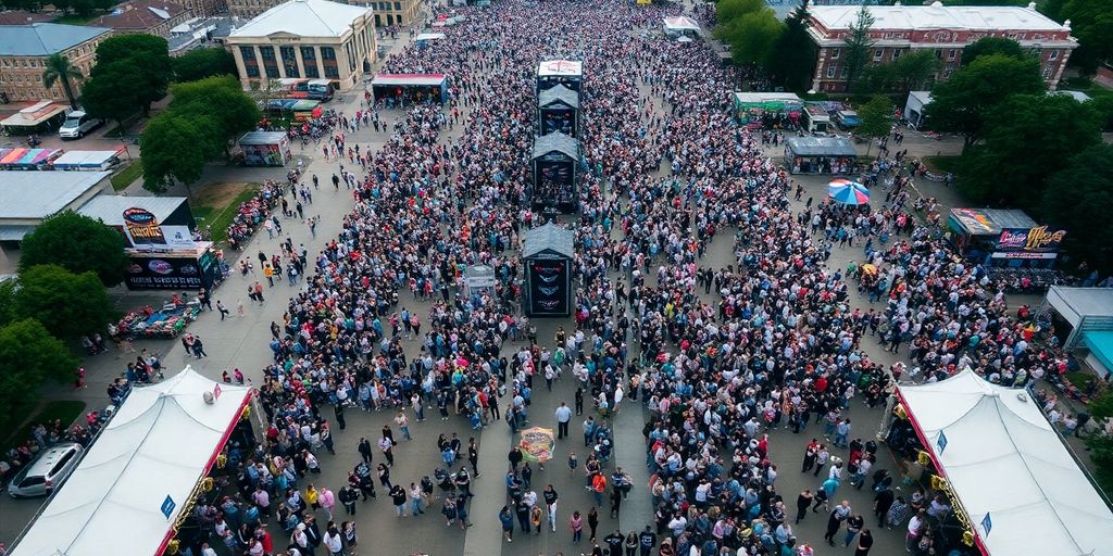 Crowd moving through a festival site.