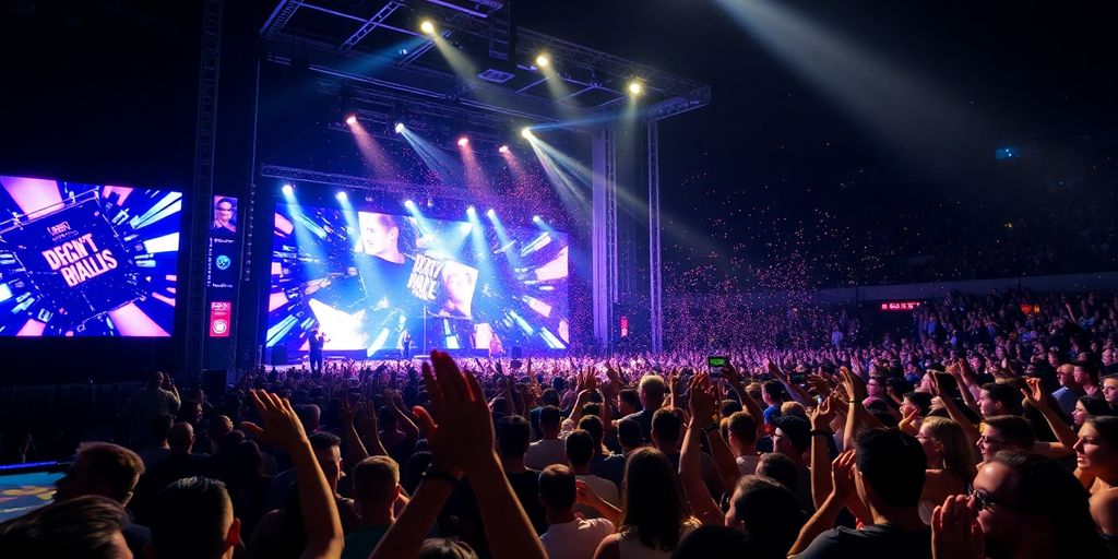 Crowd cheering at a vibrant concert.