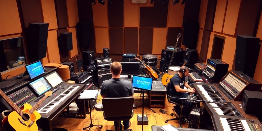 Musicians and producers collaborating around studio equipment.