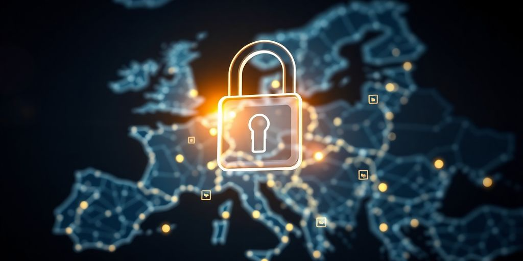 European Union map, digital padlock, streaming icons, security.